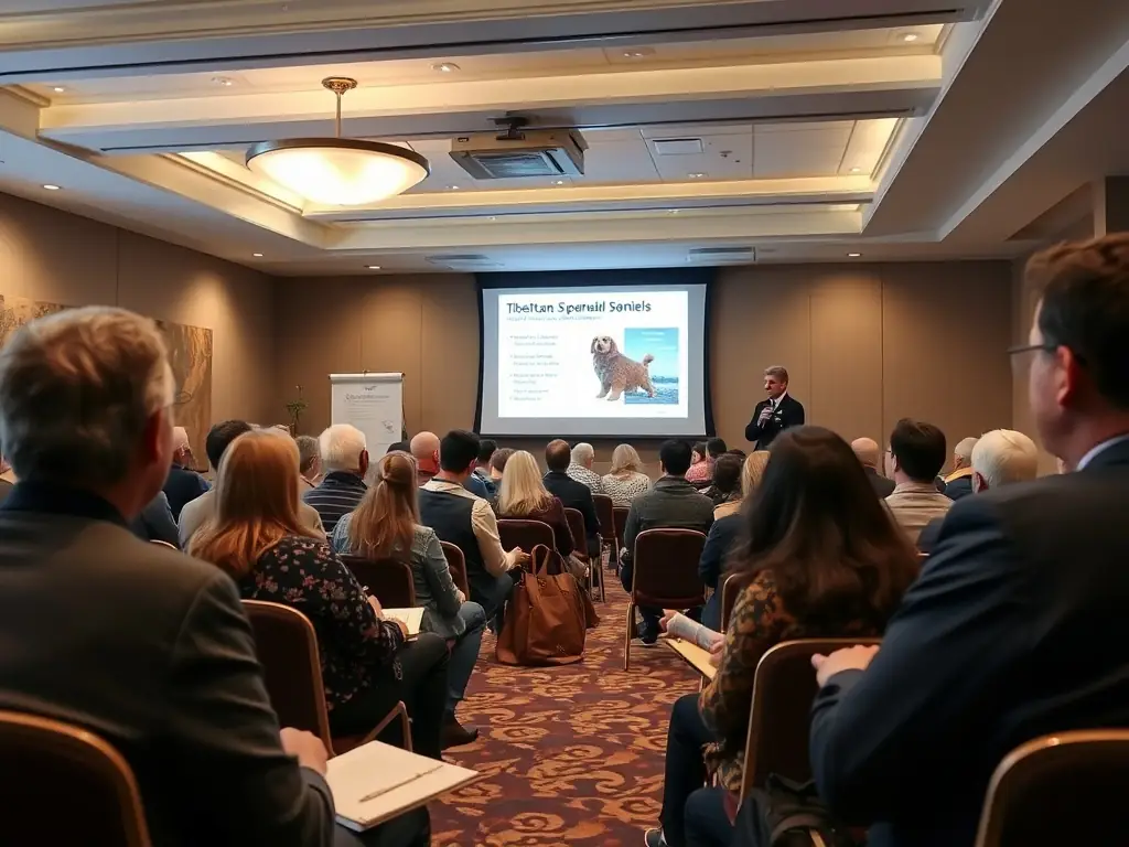 Attendees listening to a speaker at a Tibetan Spaniel conference.